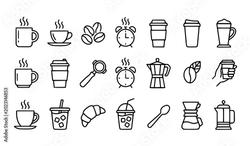 Foto Steaming coffee cups, morning breakfast, and cafe house outline icons set