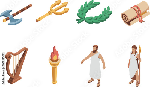 Bild auf Leinwand Ancient Greek mythology icon collection with trident laurel harp torch scroll an