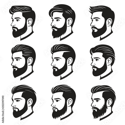 vector illustration set of diverse male facial profiles with beards and hairstyles minimalist black and white design