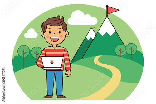 child holding generic digital tablet outdoors with camping flag and nature landscape illustration
