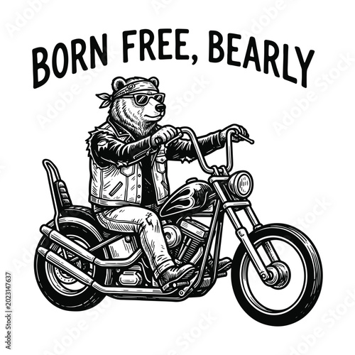 Black and White Born Free Bearly Bear Motorcycle Biker Illustration Vintage