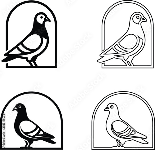 Set of four minimalist pigeon line art icons in black and white