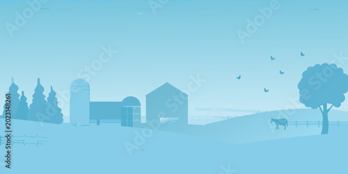 Photos monochromatic farm landscape with silo house and grazing horse