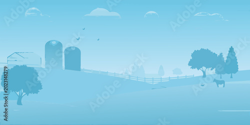 Foto monochromatic farm landscape with silos and grazing horse