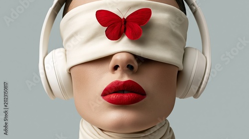 Red lips contrast with closed eyes and headphones. Butterfly rests on the blindfold, symbolizing transformation. The face suggests focus, calm, or deep immersion. Ideal for wellness, music