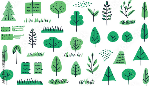 Vector Collection of Green Tree Icons with Natural Leaf Design Illustration