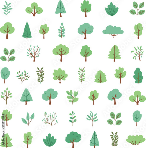 Set of Tree Icons with Seamless Nature Pattern Illustration