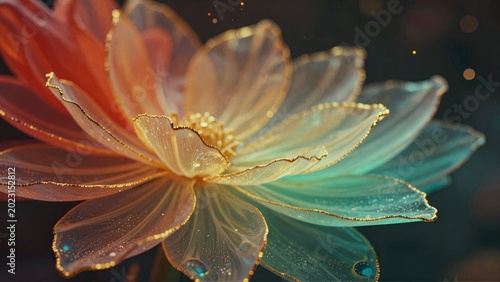 Cinematic Iridescent Flower with Gold Trim and Glowing Particles