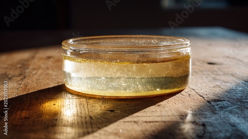 substance. A gelatinous, opaque disk floating in a clear glass jar on a wooden table. STEM education sheets, lab safety posters, designed for STEM education and laboratory safety posters.