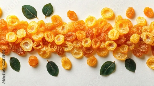 Golden raisins with two green leaves on white textured surface. Healthy snack or ingredient for baking, cooking and other culinary needs.