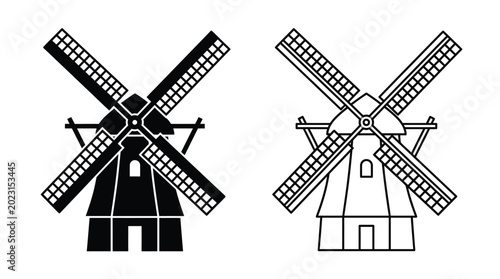 Photos windmill silhouette and line drawing on white background