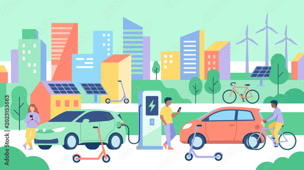 Naklejka premium Sustainable City with Electric Vehicles and Renewable Energy