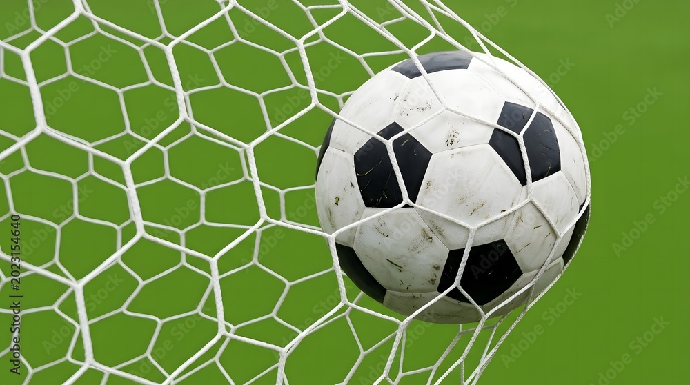Fototapeta premium Soccer Ball Caught in Goal Net on Green Background, Football Match Victory Concept