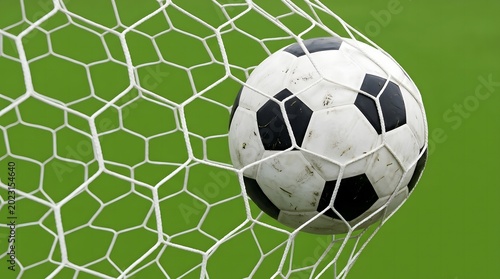 Soccer Ball Caught in Goal Net on Green Background, Football Match Victory Concept