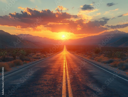 Desert road with a blazing sunset and distant mountains. Perfect for travel blogs or symbolizing future goals.