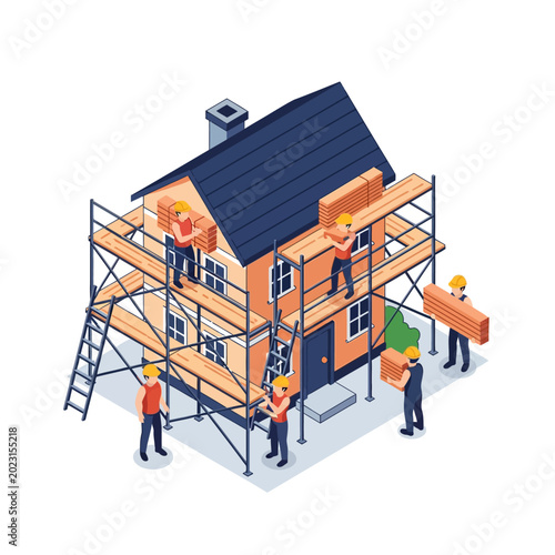 Isometric House Construction Site with Workers on Scaffolding Building or Renovating a Home