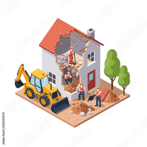 Isometric House Demolition and Home Renovation Process with Construction Workers, Backhoe Loader, and Rubble for Real Estate and Urban Development
