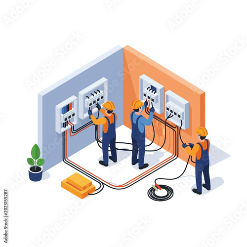 Isometric Electricians Installing Wiring and Circuit Breakers in Electrical Control Panels