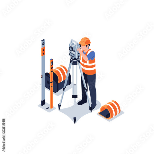 Isometric Land Surveyor Using Total Station Theodolite and Geodetic Equipment on Construction Site