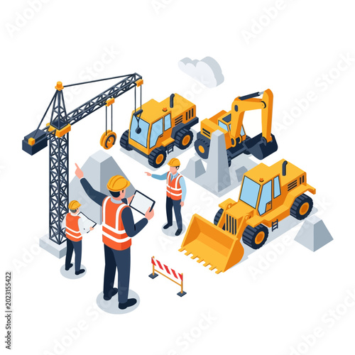 Isometric Construction Site Illustration with Engineers, Crane, Excavator, and Bulldozer