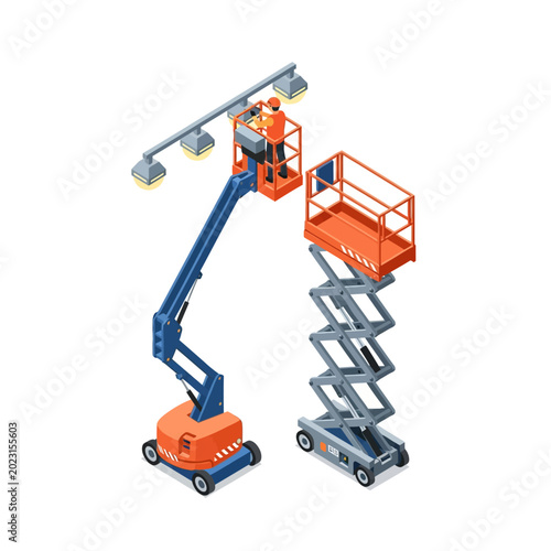 Isometric Boom Lift and Scissor Lift Vector Illustration - Worker Repairing Street Lights with Industrial Aerial Work Platforms on White Background