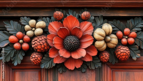 Ornate wooden floral carving on a dark, stained door or paneling. Ideal background texture, for historical or artistic projects.