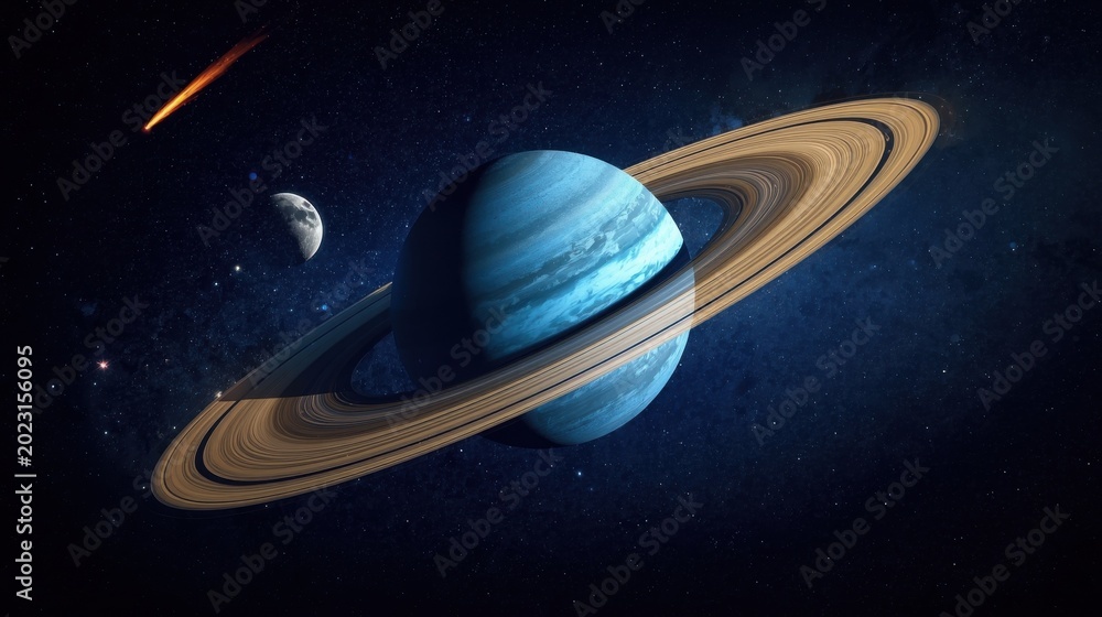 Naklejka premium Saturn with glowing pale yellow rings in deep space with stars and a moon