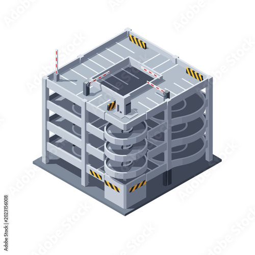 Isometric 3D Multi-Level Parking Garage Building with Ramps and Automatic Barriers Isolated on White Background