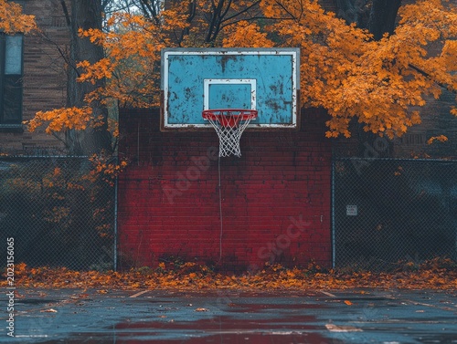 Outdoor basketball court, leaves covering the ground, during Autumn season. Great for urban scenery or seasonal sports related project.
