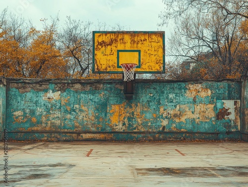 Aged, colorful basketball court with peeling wall and rusted backboard outside. Use for urban decay, athletics, neighborhood sports, or city recreation.