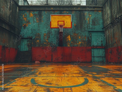 A gritty outdoor basketball court with peeling paint and aged surfaces. Evokes feelings of urban sport, nostalgia, and a raw, authentic vibe.