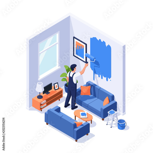 Isometric Illustration of Professional Painter Renovating Living Room Wall with Blue Paint, Home Repair and Interior Design Concept