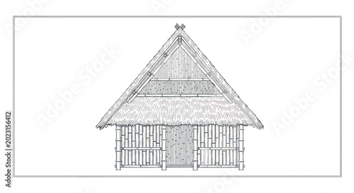 Photos Line art of a traditional bamboo hut with a thatched roof