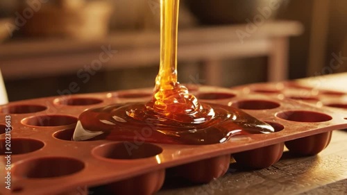Golden honey pouring into a silicone mold