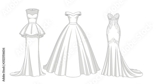 Tableau sur toile Collection of elegant bridal gown sketches on white background