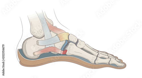 Detailed illustration of human foot anatomy showing bones and tendons.