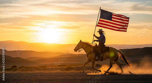 Cowboy riding a horse at sunset holding an american flag