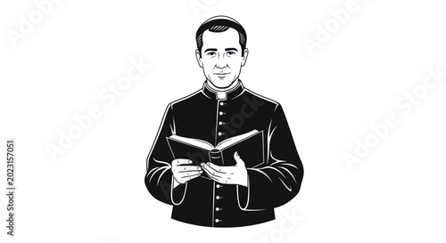 Fotografía Black and white illustration of a Catholic priest holding an open book
