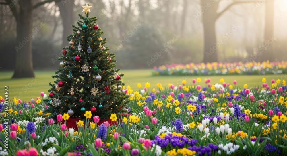 Obraz premium Festive Christmas Tree Adorned in a Vibrant Spring Flower Garden