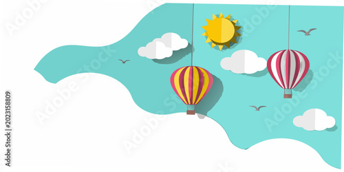 Φωτογραφία paper cut hot air balloons and sun charming 3d paper art style
