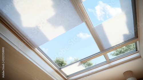 A skylight with white blinds partially open, revealing a view of a blue sky and green trees.