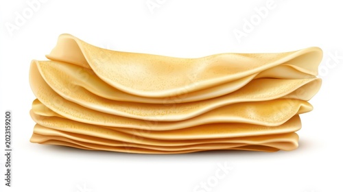 A stack of five golden brown pancakes isolated on a white background.