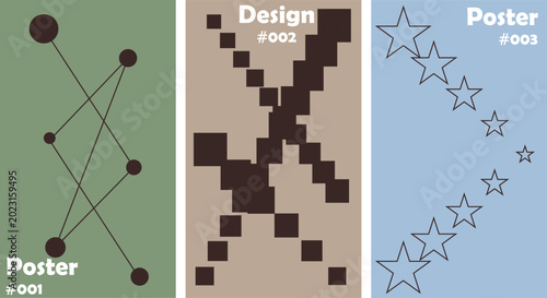 Minimalist geometric poster set with abstract shapes, modern graphic design collection in earthy tones, 3 vector layouts with stars and pixels