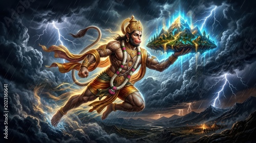 Lord hanuman carrying dronagiri mountain with sanjeevani herbs in sky