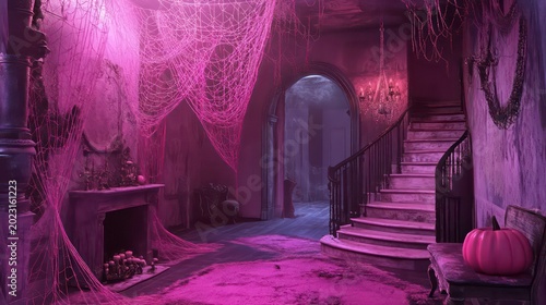 Spooky, dimly lit hallway with pink cobwebs, a fireplace, and a grand staircase.