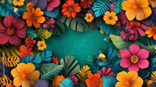 Vibrant tropical floral frame with a turquoise background, featuring paper cut flowers and leaves.