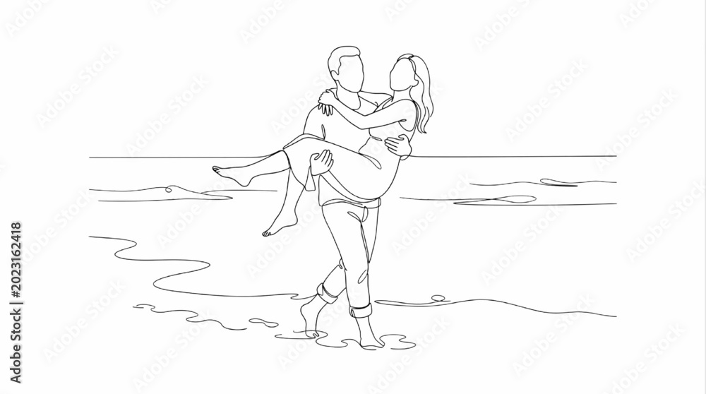 Fototapeta premium Summer Romantic Couple Walking Together Carry Pose Line Art – Shoreline Love Illustration
