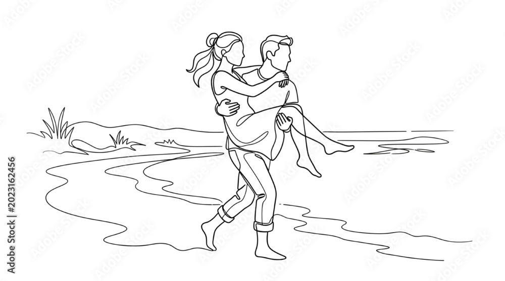 Fototapeta premium Summer Couple Running on Shoreline Carry Pose Line Art – Romantic Motion Illustration