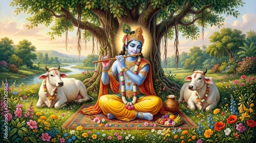 Lord krishna playing the flute under a tree with cows in a lush garden