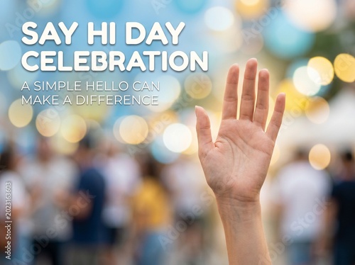 Hand waving, friendly greeting, Say Hi Day celebration, outdoor event